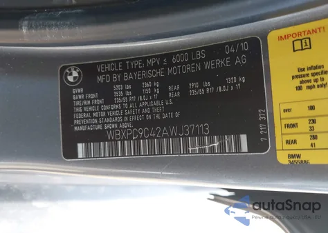 2010 BMW X3 xDrive30I из США, поврежденный, VIN WBXPC9C42AWJ37113